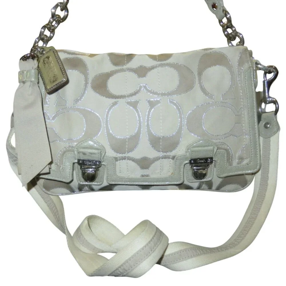 Coach Poppy Signature C Metallic Sateen & Leather Messenger Flap Satchel  #18352